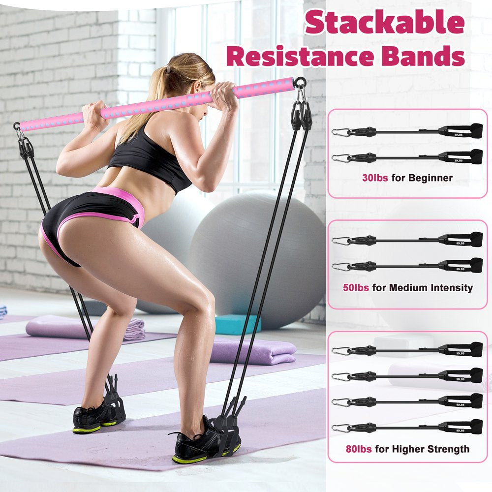 Adjustable Pilates Bar Kit with 4 Resistance Bands, Portable Pilates Bar Stick for Home Workout, Adjustable Pilate Bar for Gym Fitness