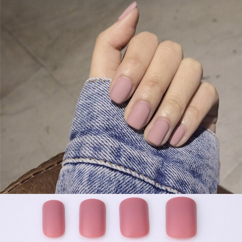 24Pcs False Nails Wearable Women Girl Matte Pink False Nail Solid Color Short Square Full Cover Press on Nails Tips Detachable