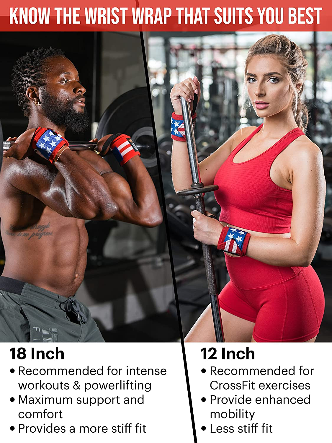 Wrist Wraps, Avoid Injury and Maximize Grip with Thumb Loop, 18" or 12" Gym Straps Pair, Wrist Straps for Weightlifting, Powerlifting, Bench Press, Bodybuilding, Deadlift Straps for Men & Women